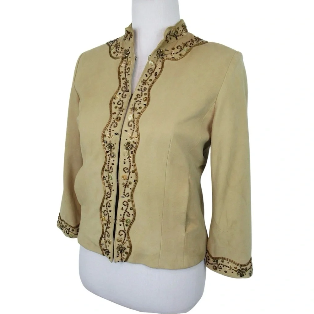 COLE HAAN Tan Suede Beaded Cropped Jacket 3/4 Sleeve Women’s Size Small
